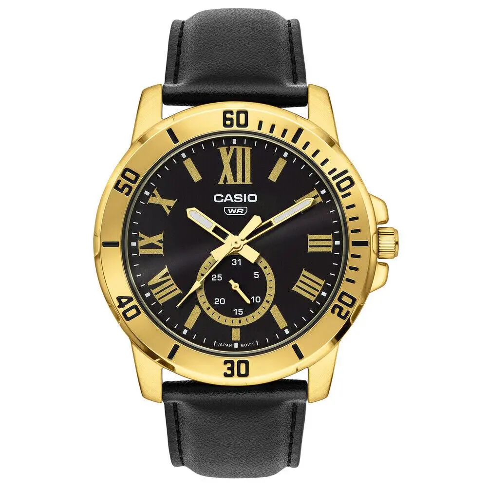Casio MTP-VD200GL-1B Men`s Black Gold Analog Leather Band Watch