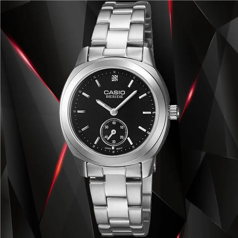 Casio Beside BEL114D-1A Ladies Black Dial Stainless Steel Dress Watch 50M WR - Dial: Black, Band: Silver, Bezel: Silver
