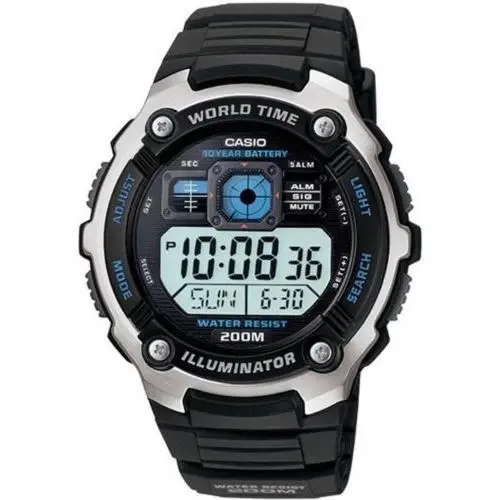 Casio AE2000W-1AV World Time Watch 200 Meter WR Illuminator 5 Alarms - Dial: Black, Band: Black