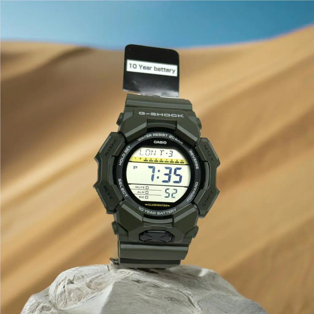 Casio G Shock GD010-3 Military Green Digital Watch 10 Year Battery - Dial: Gray, Band: Black, Bezel: Green