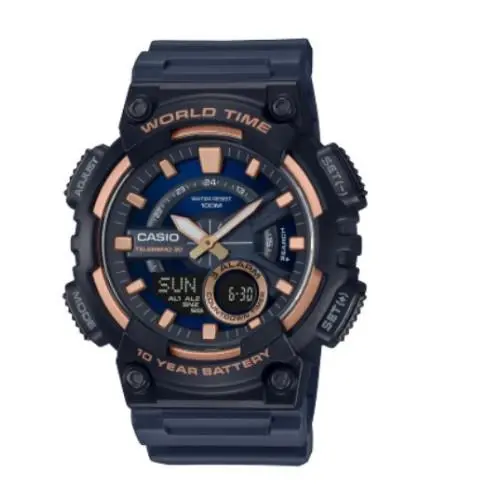 Casio AEQ110W-2A3V Men`s Analog-digital Watch – Blue Dial with Rose Gold Accent