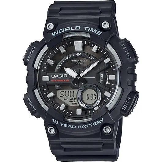 Casio AEQ110W-1AV World Time 3 Alarms 30 Telememo Resin 10 Year Battery - Dial: Black, Band: Black