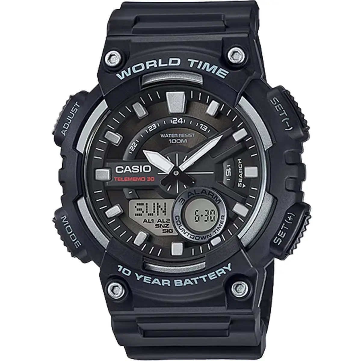 Casio Men`s Watch World Time Black and Grey Ana-digi Dial Strap AEQ-110W-1AV - Dial: Black, Band: White, Black