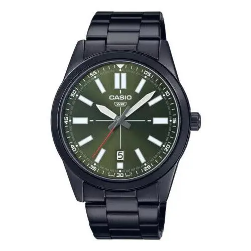 Casio MTP-VD02B-3E Men`s Black IP Stainless Steel Green Dial 3-Hand Analog Watch