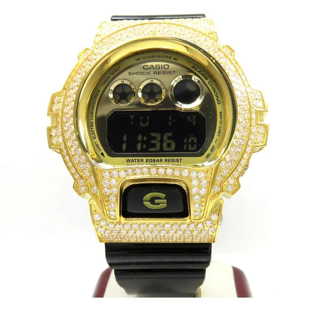 5.00ct Mens White Cz Dw-6900 Yellow Stainless Steel G-shock Watch - Dial: Gold, Band: Black