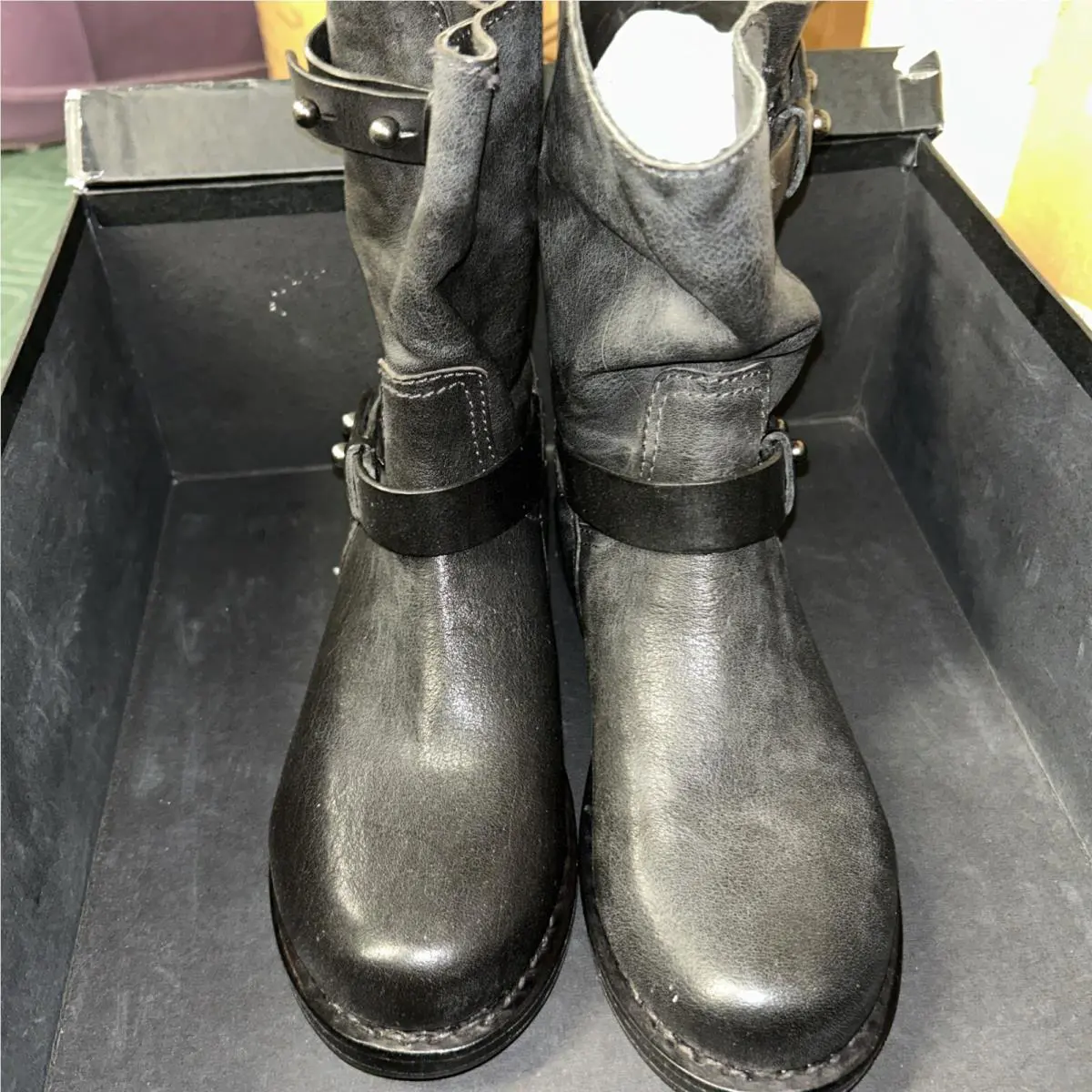 Rag Bone Moto Boot Womens Black Leather Round Toe Mid-calf Boots Size 35 US 5