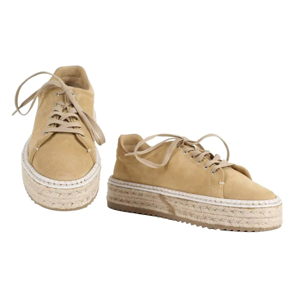 Rag Bone Sz 37.5 Camel Beige Casual Lace Up Platform Suede Jute Shoe