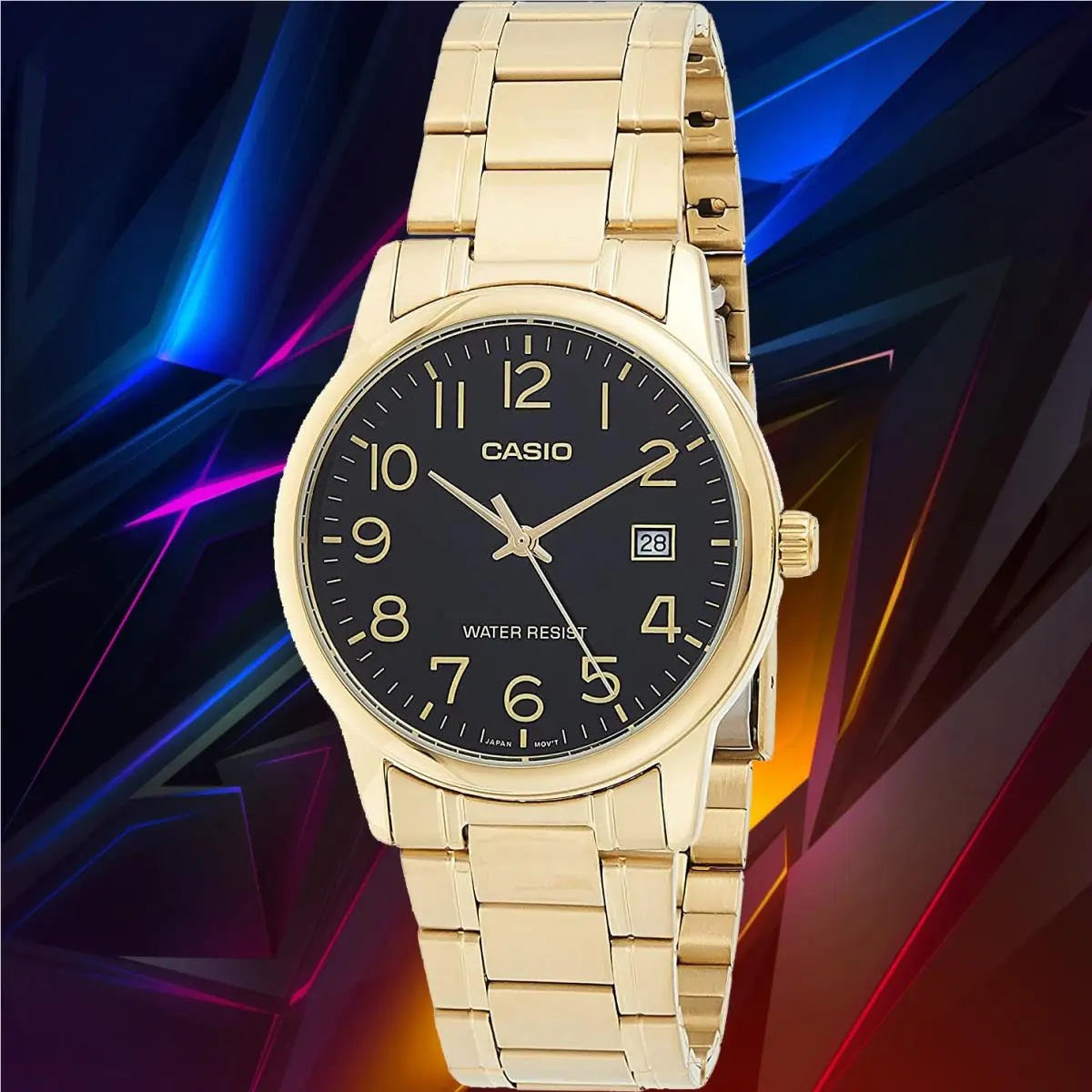 Casio Mens Black Face Gold Analog Steel Band MTP-V002G-1B Date Fashion Watch