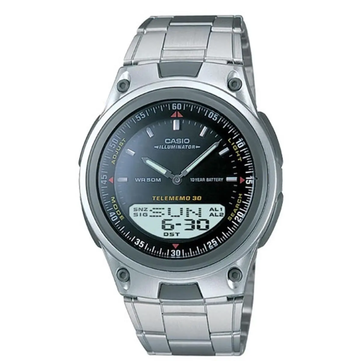 Casio AW80D-1AV Combo Watch Telememo 30 Metal Band 3 Alarms 10 Year Battery - Dial: Black, Band: Silver