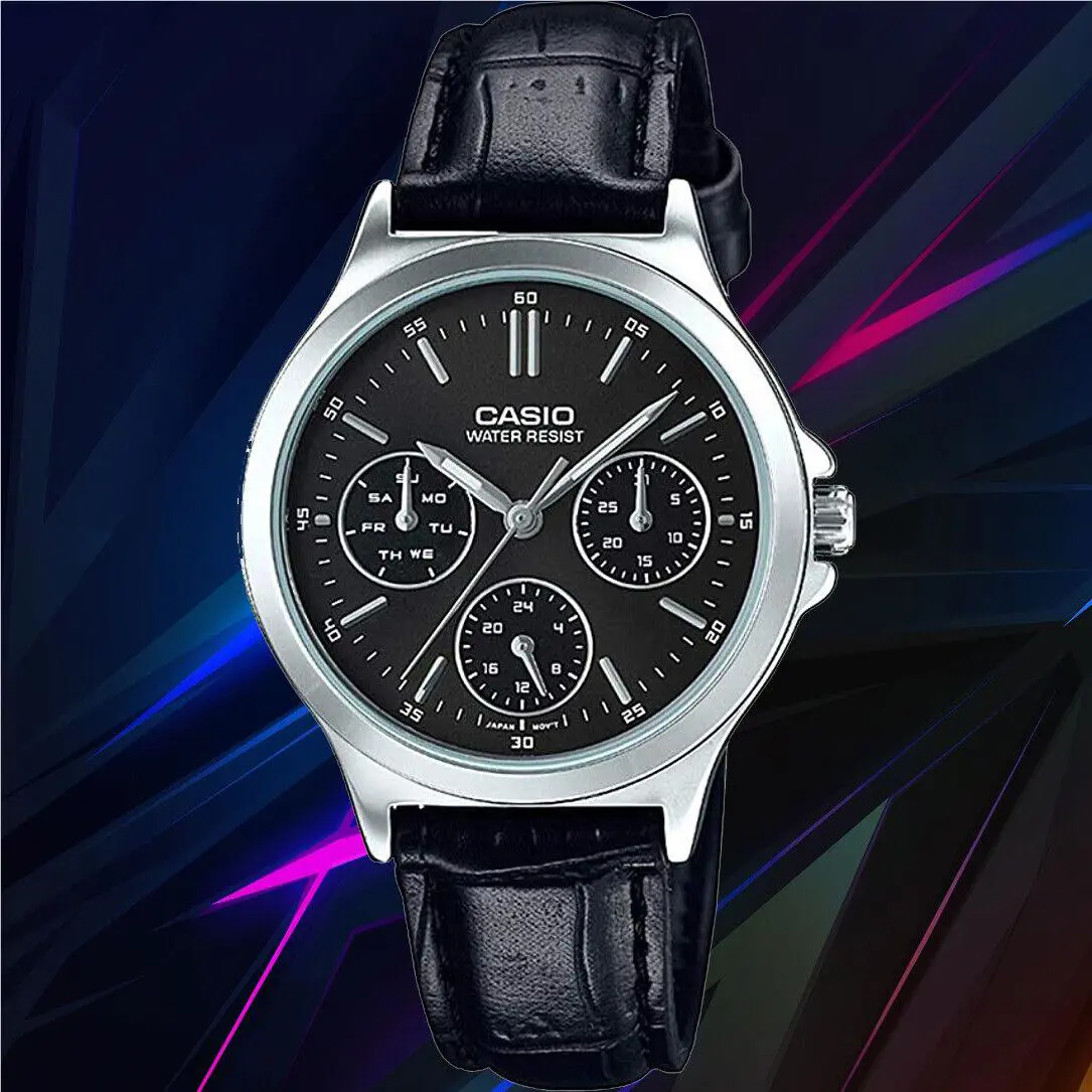 Casio LTP-V300L-1A Women`s Analog Watch Black Leather Band 3 Dials Dress