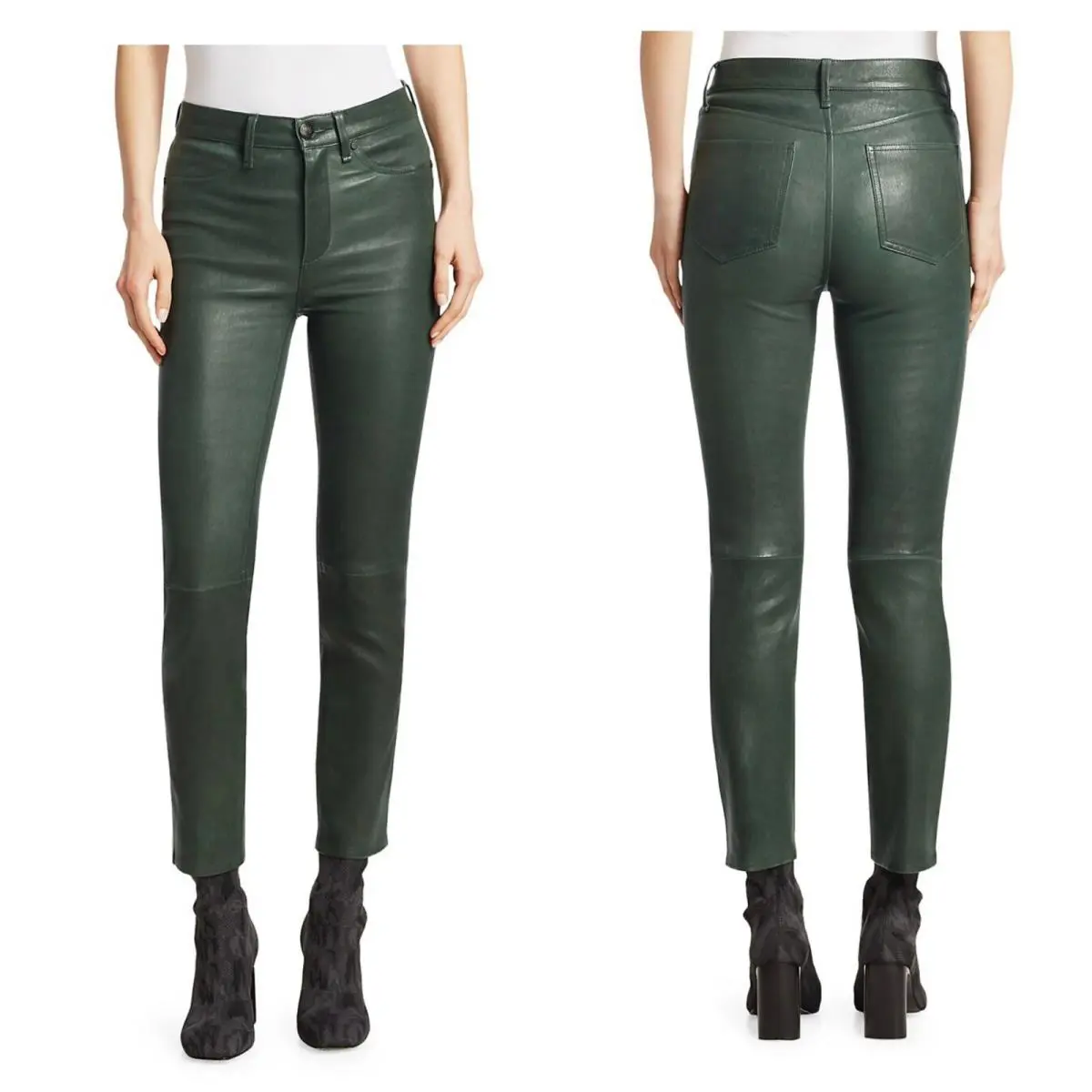 Rag Bone Ankle Skinny Leather Cigarette Pants In Bottle Green Size:26