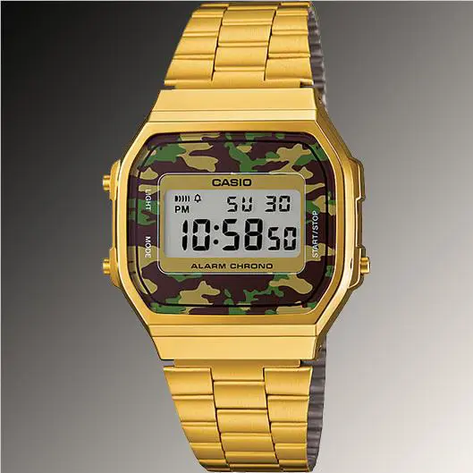 Casio A-168WEGC-3 Men`s Gold Stainless Steel Camouflage Watch Digital Alarm