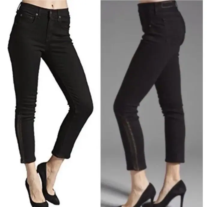 Rag Bone Justine Crop Jeans Lamb Leather Ankle Braid Black/coal Sz26