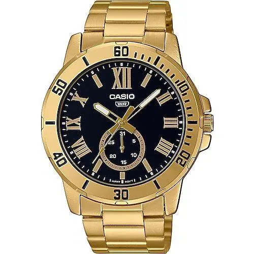 Casio MTP-VD200G-1B Date Indicator Steel Band Men`s Black Gold Analog Watch