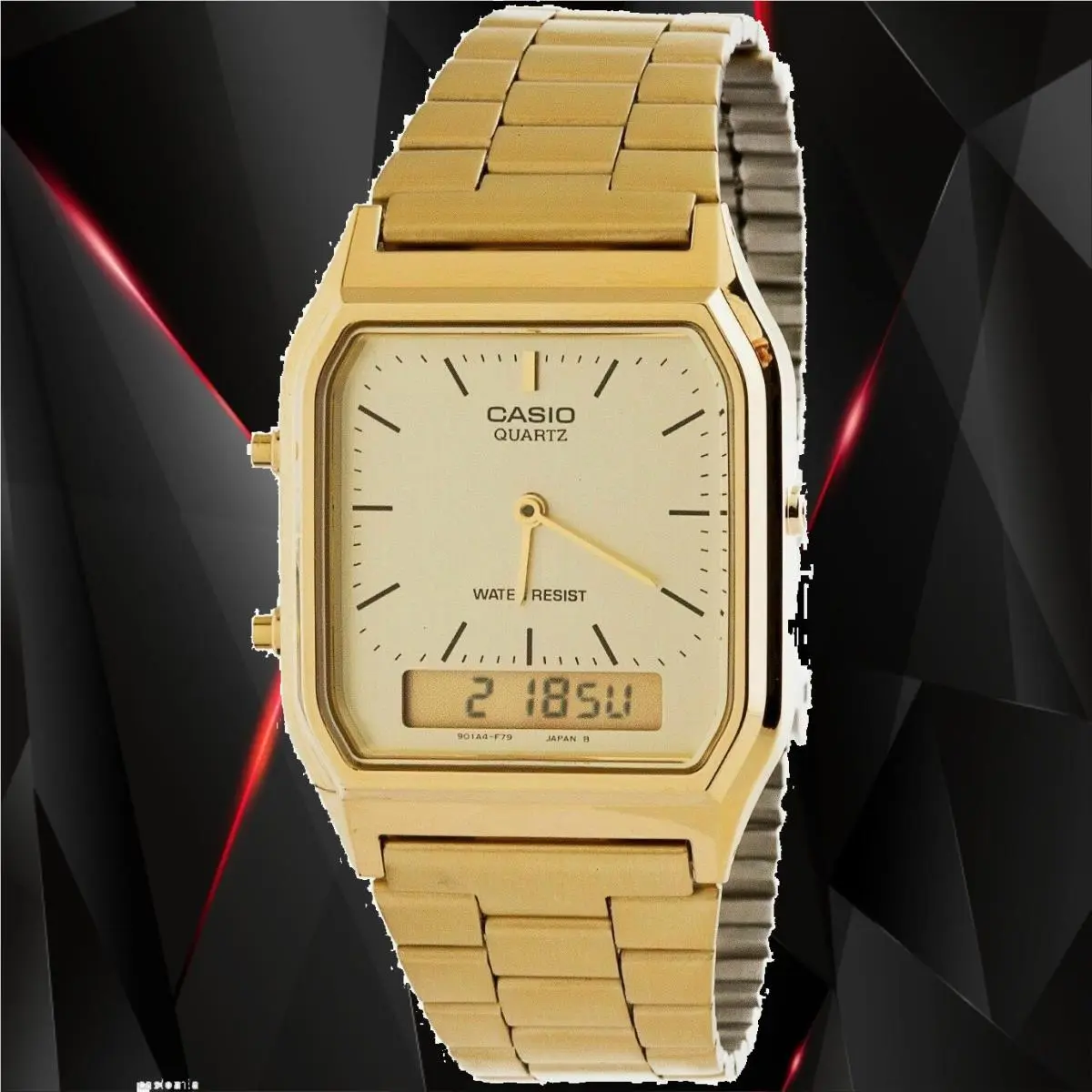 Casio AQ-230GA-9D Men`s Gold Stainless Steel Watch Digital Ana Alarm Stopwatch