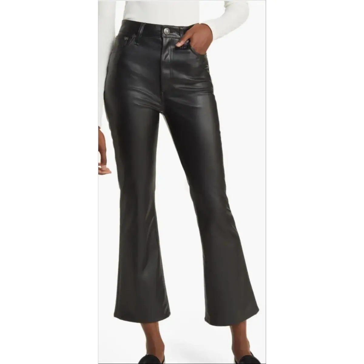 Rag Bone Womens Casey Crop Flare Pants 29 Black Leather Sleeky High Rise