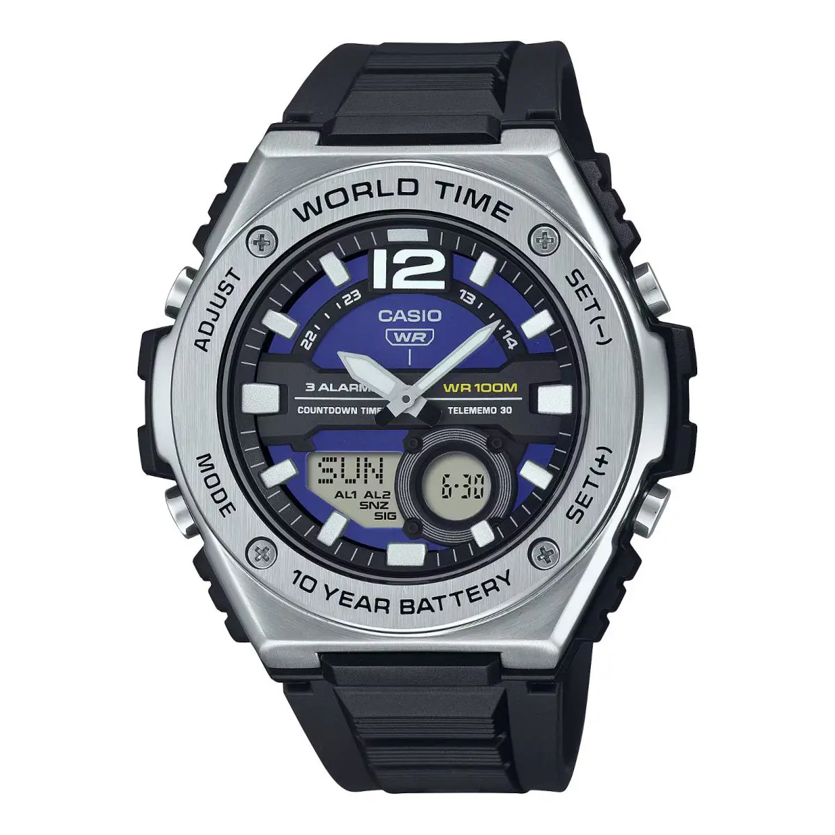 Casio MWQ100-2AV Telememo 30 Watch 10 Year Battery 3 Alarms Chronograph - Dial: Black, Blue, Band: Black