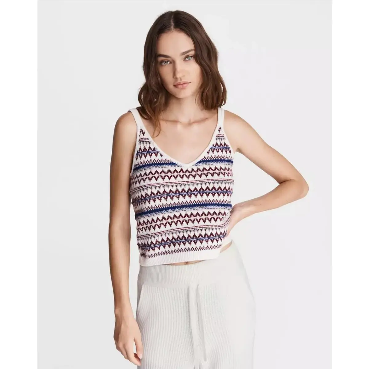 Rag Bone Womens Willow Wool Fair Isle Cami V-neck Pullover Ribbed Hem Size XS