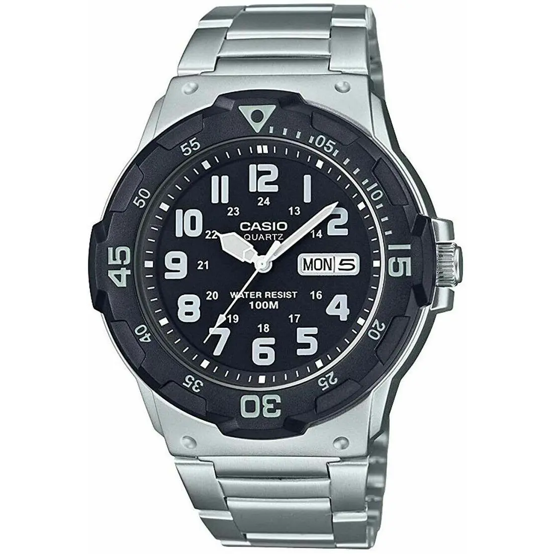 Casio MRW200HD-1BV Men`s Silvertone Bracelet Watch 100 Meter WR Day/date