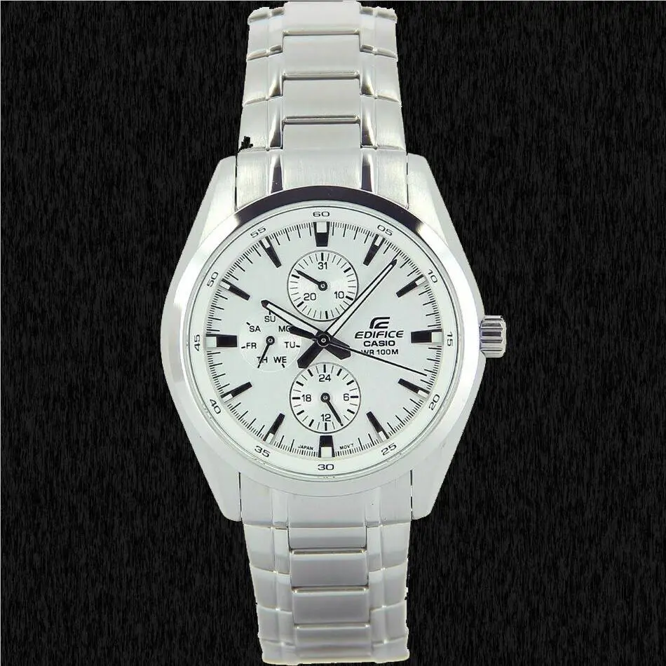 Casio EF-338D-7A Men`s Edifice White Analog Watch Steel Multi-dials 100M WR - Face: White, Dial: White, Band: Silver