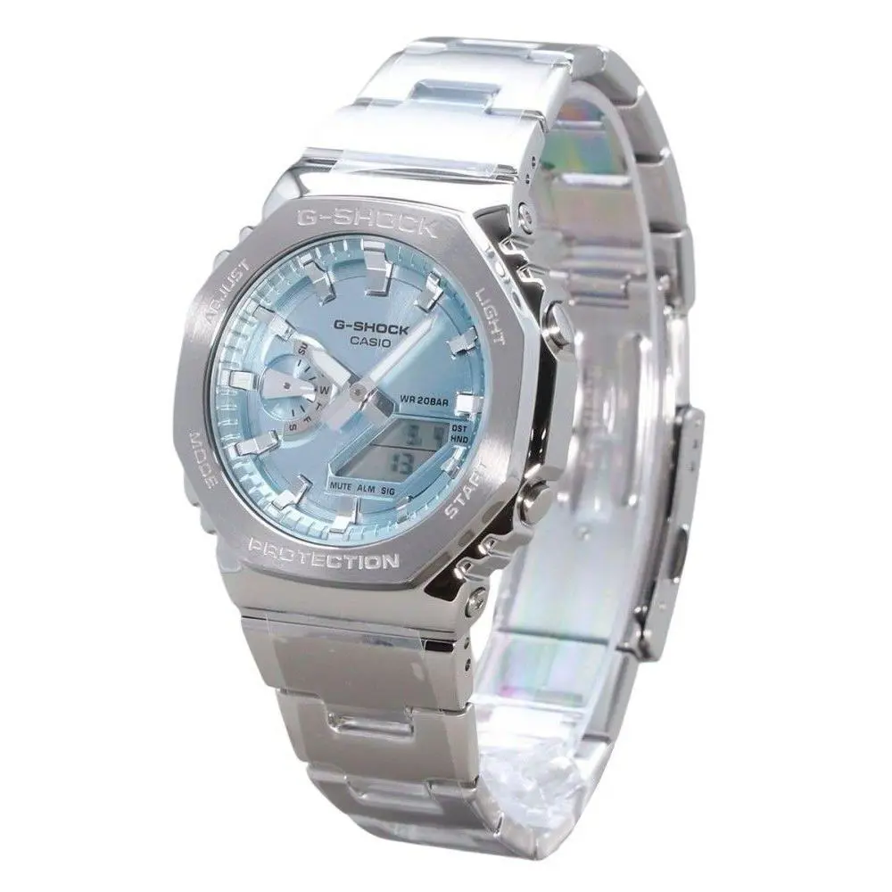 Casio G-shock Light Blue Dial Quartz Sports 200M Men`s Watch GM-2110D-2A - Dial: Blue, Band: Silver, Bezel: No Bezel