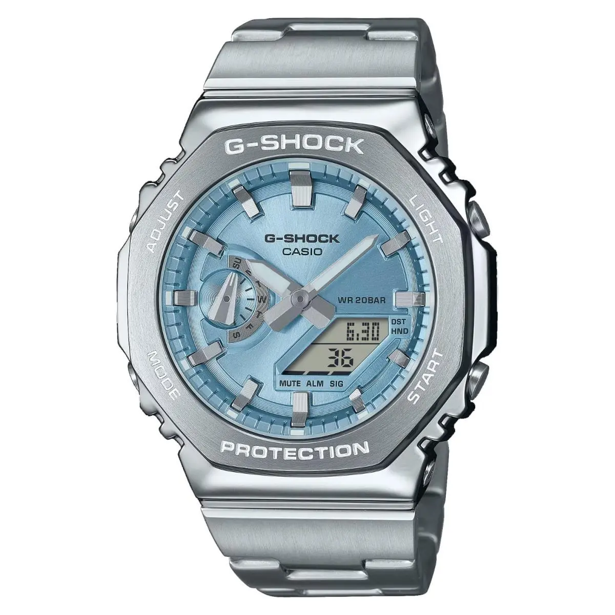 Casio GM2110D-2A Men`s Octangular Stainless Steel Analog Digital G Shock Watch - Dial: Blue, Band: Silver, Bezel: Silver