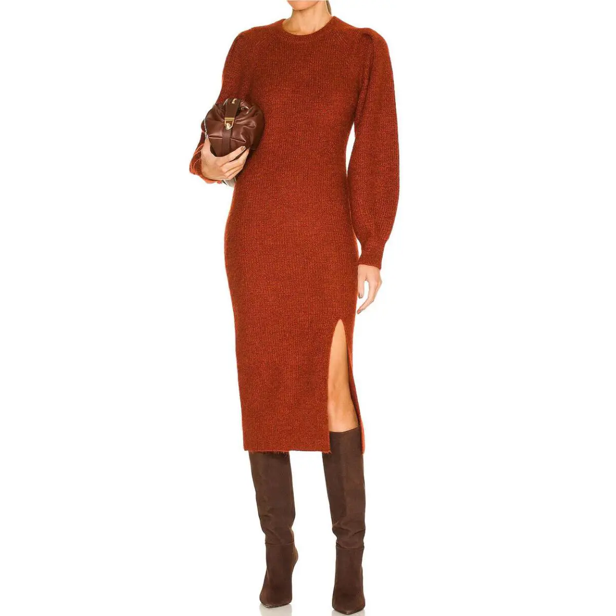Rag Bone Szxs Liana Long Sleeve Side Slit Knit Dress Rust