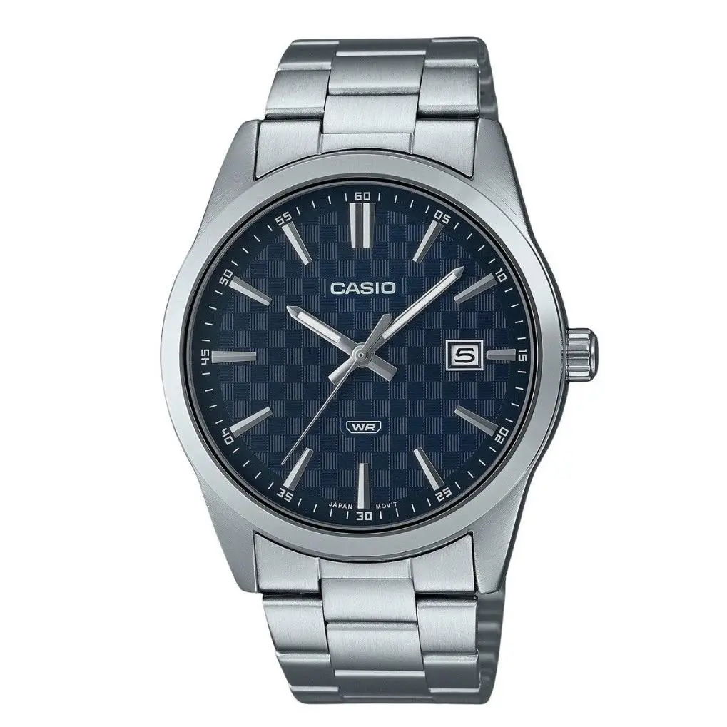 Casio Enticer Analog Stainless Steel Blue Dial Quartz MTP-VD03D-2A Men`s Watch - Dial: Blue, Band: Silver, Bezel: No Bezel