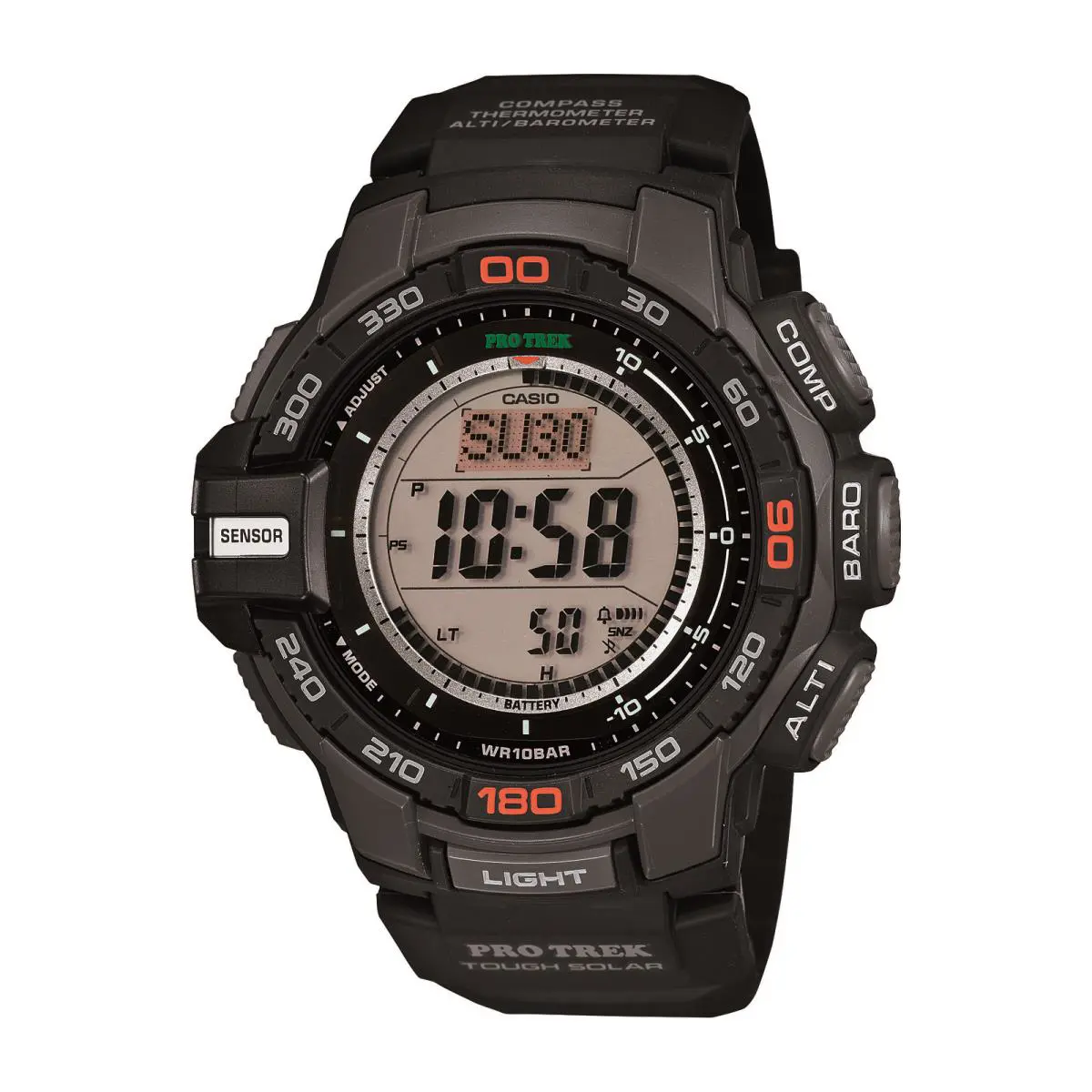 Casio Pro Trek Men`s Tough Solar Triple Sensor Black Resin 52mm Watch PRG270-1