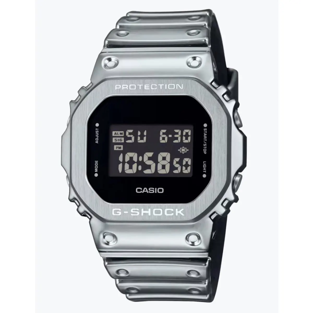 Casio G-shock Metal 5600 Silver Men`s Silicone Band Watch GM5600YM-8 - Dial: Black, Band: Silver, Bezel: Silver