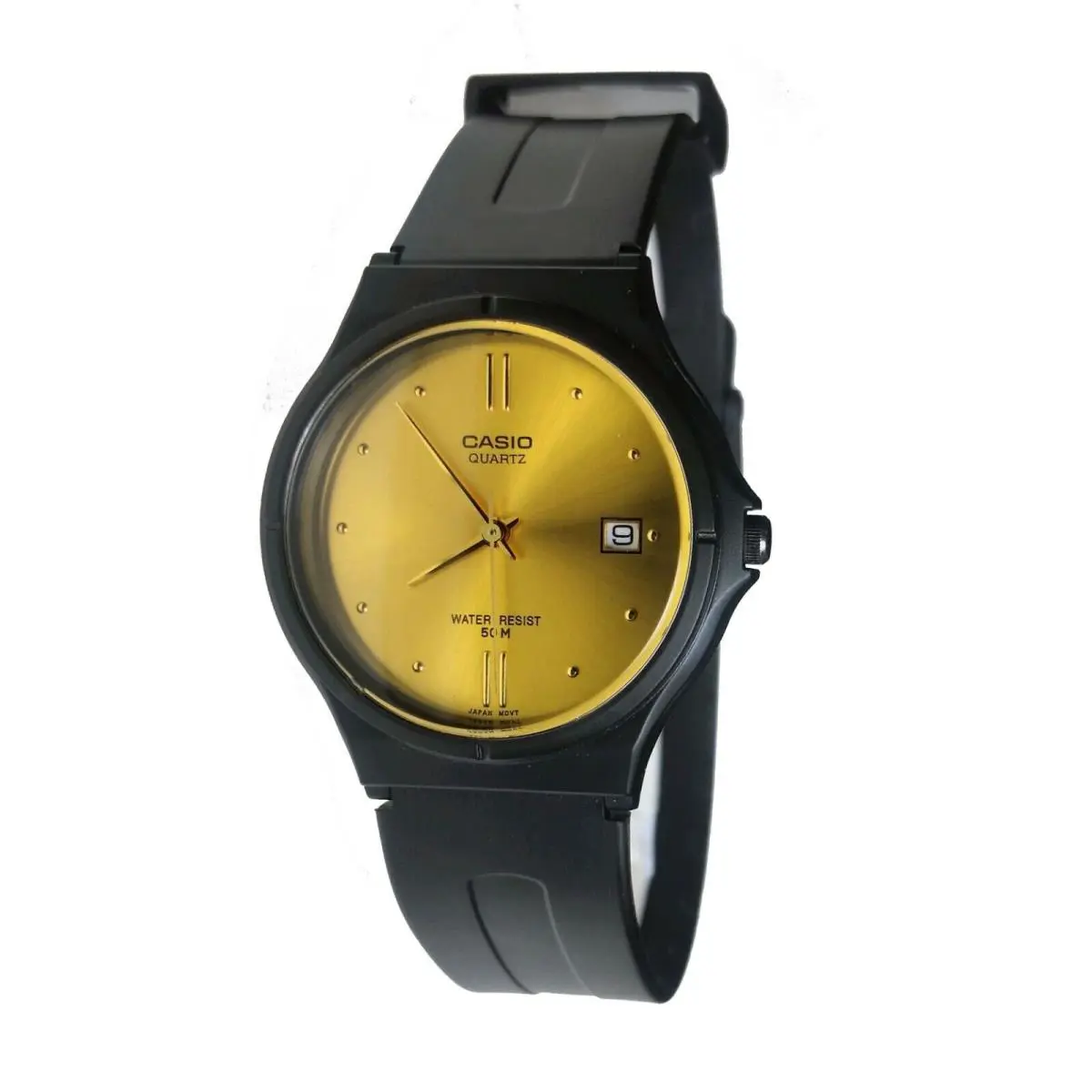 Casio MW 60 9A Round Gold Dial Date Classic Black Resin Casual Watch 50M Water R