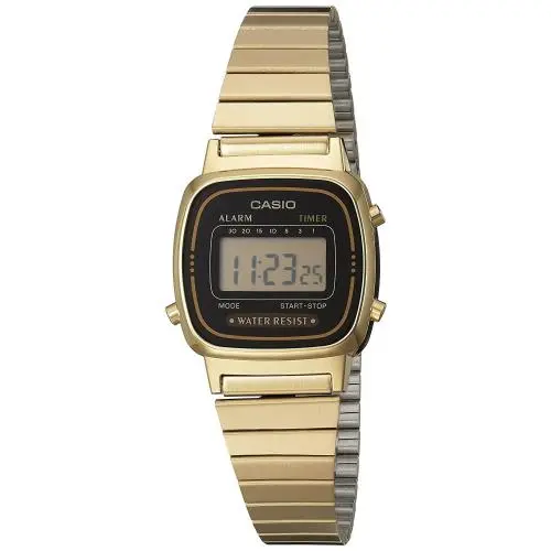 Casio LA670WGA-1 Women`s Vintage Gold Tone Alarm Chrnograph Digital Watch - Dial: Neutral, Purple, Band: Gold, Bezel: Gold