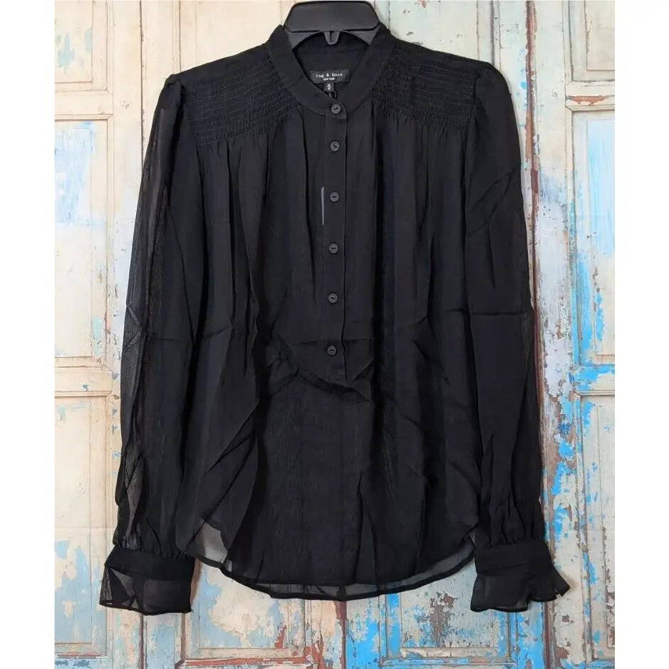Rag Bone Womens Size Medium Black Crew Neck Long Bishop Sleeve Susan Blouse by Rag & Bone