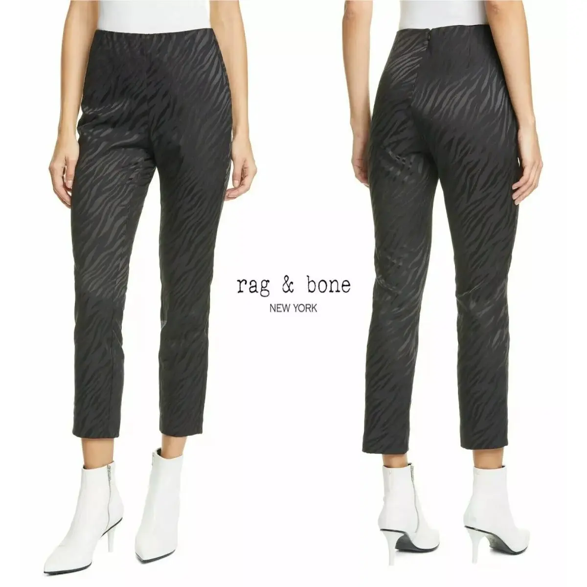 Rag Bone Size 2 Simone Zebra Jacquard Slim Fit Cropped Pants Black Sz 2