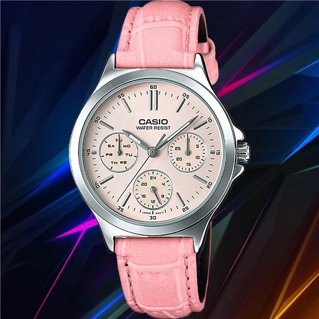Casio LTP-V300L-4A Women`s Analog Watch Pink Leather Band 3 Dials Dress