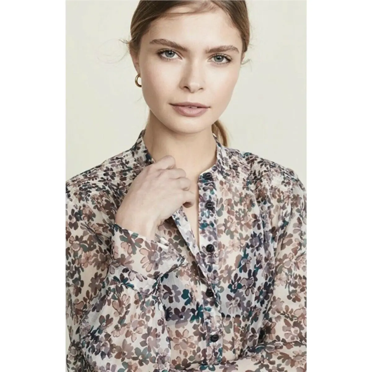 Rag Bone Blouse Women sz M Blue Purple Floral Print Susan Sheer Silk