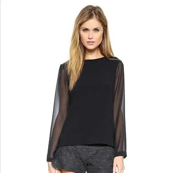 Rag Bone Black Long Sleeve Blouse Sheer Sleeves Wide Neck Large