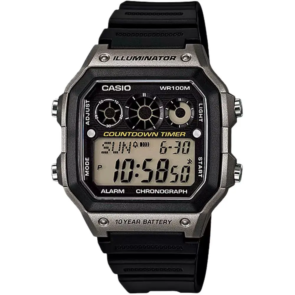 Casio Men’s Digital Illuminator Black and Grey Digital Watch - AE-1300WH-8AV - Black, Dial: Gray, Band: Black