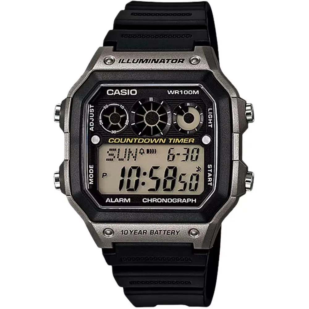 Casio Men’s Digital Illuminator Black and Grey Digital Watch - AE-1300WH-8AV - Black, Dial: Gray, Band: Black