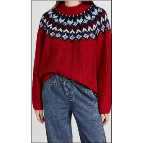 sz Large Rag Bone Sweater Turtleneck Willow Fairisle Red Wool Knit