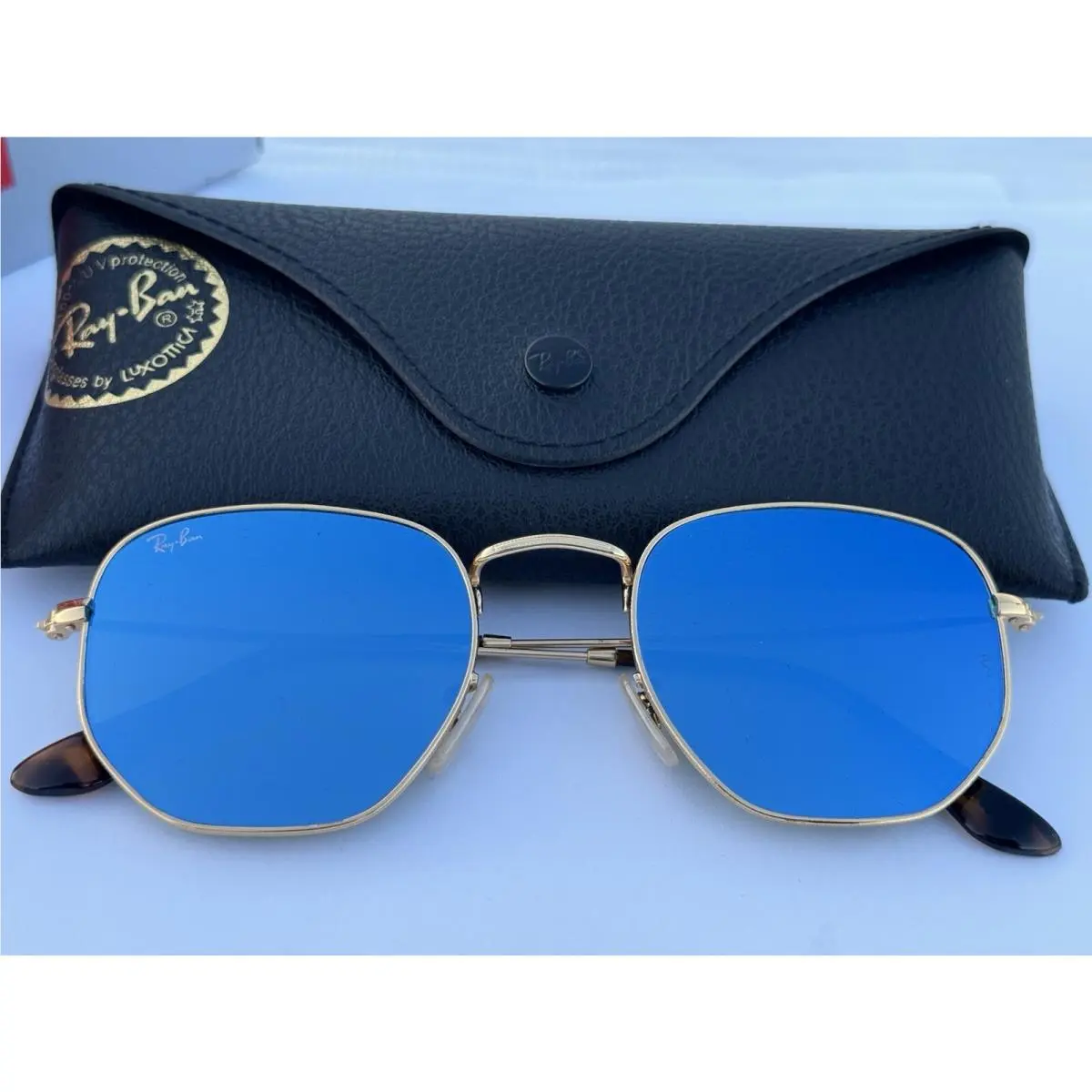 Ray-ban RB3548N 001/90 Arista Hexagonal / Light Blue Mirror Sunglasses 51mm