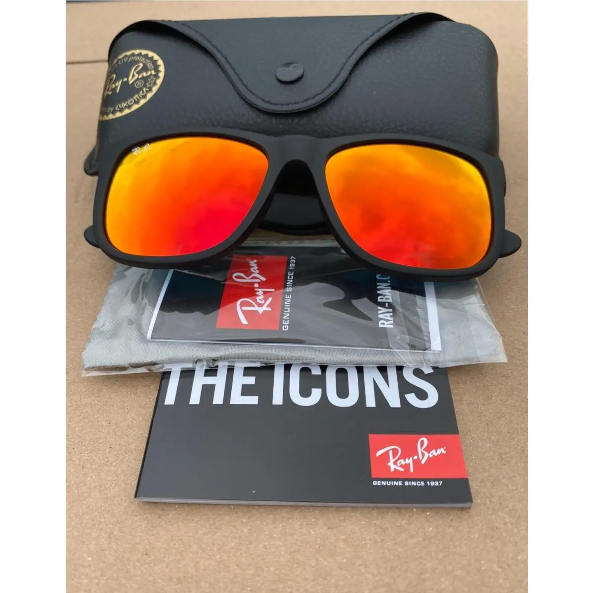 Ray Ban Justin Black Matte 4165 622/6Q Red Orange Mirrored Lenses 54mm by Ray-Ban