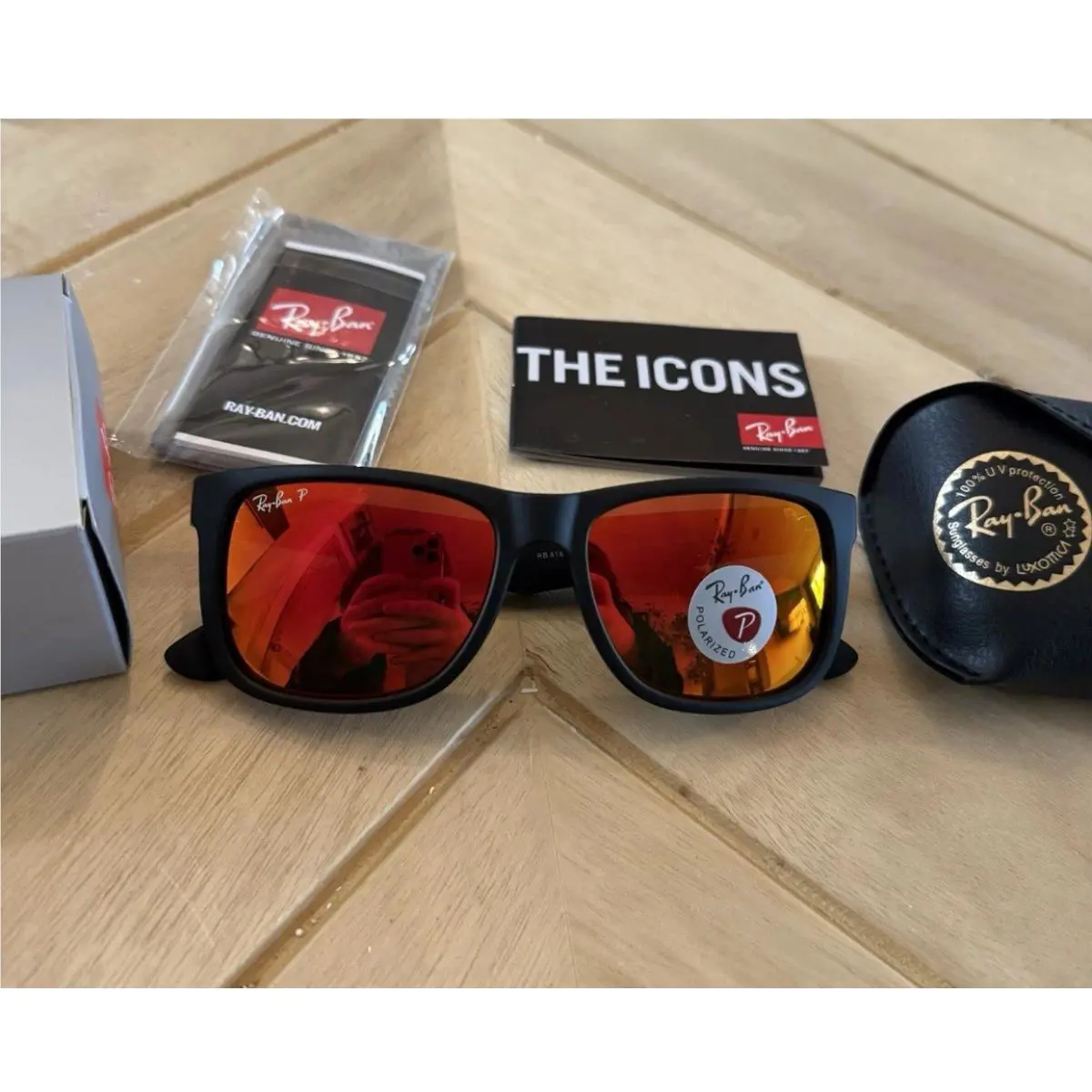Ray Ban Justin Black Matte 4165 622/6Q Red Orange Mirrored Lenses 54mm Polarized