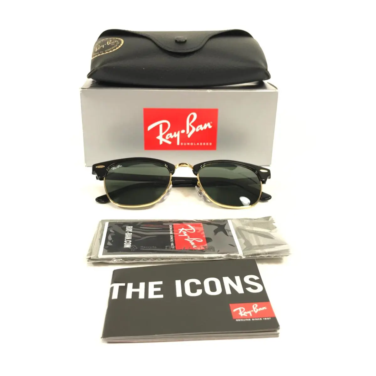 Ray-ban Sunglasses RB3016 Clubmaster W0365 Black Gold Frames w G-15 Lenses 51 mm