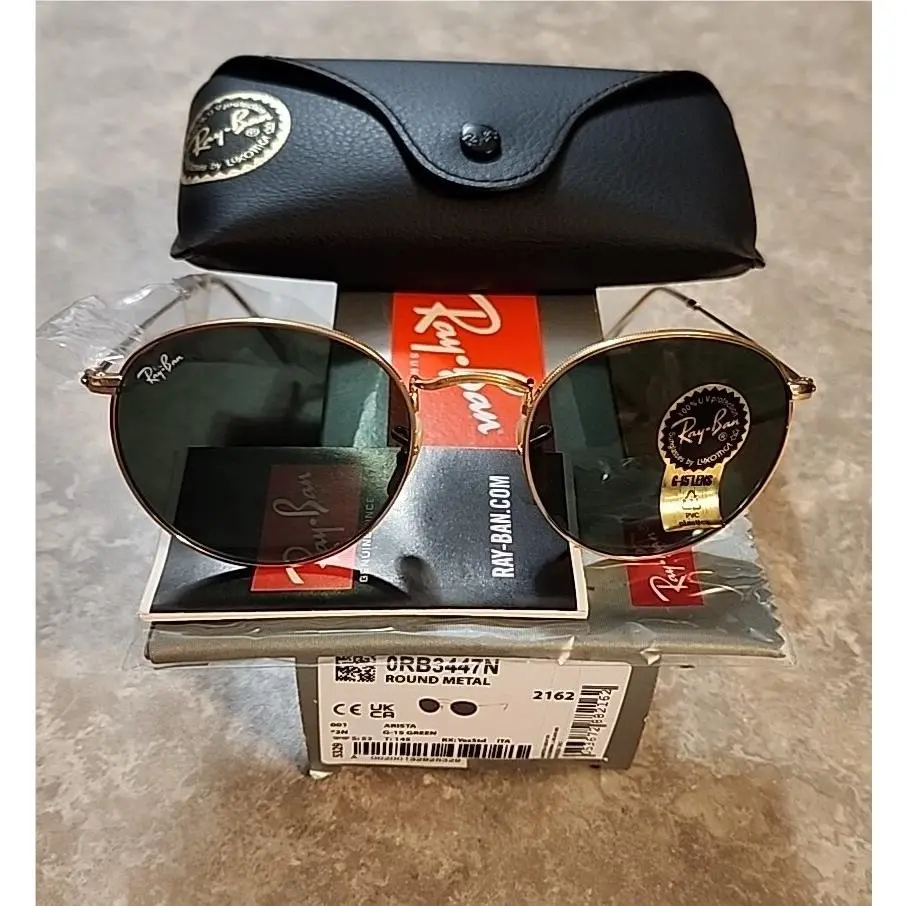 Ray Ban RB3447N 001 Gold Arista G-15 Green Round Metal 53 mm Sunglasses