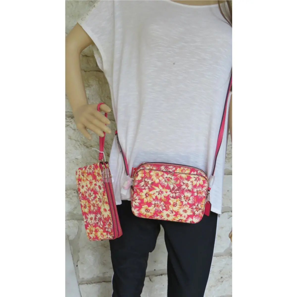 Pink Floral Multi Daisy Print Bag Wallet Wristlet or Set Choices Bag+ Wristlet Double zip Pink multi floral by Coach