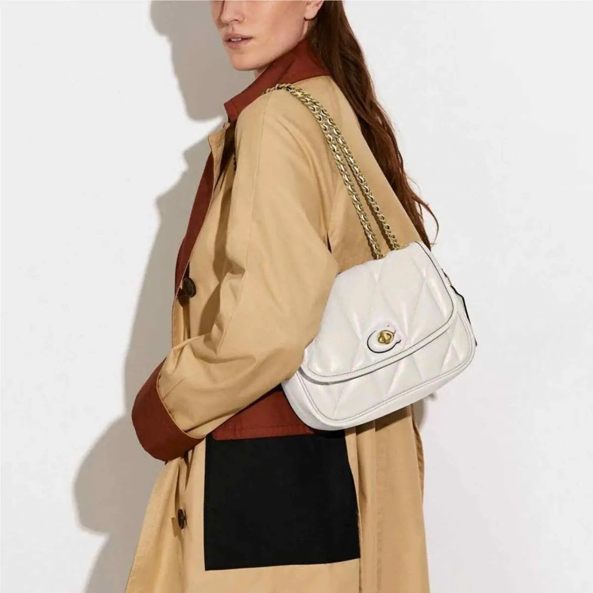 Coach  bag  - COACH Madison Pillow Top C8560 (Largest size in this bag Medium) - Handle/Strap: Brass with Woven Leather Chain Shoulder/crossbody/handbag, Hardware: Brass, Exterior: Chalk