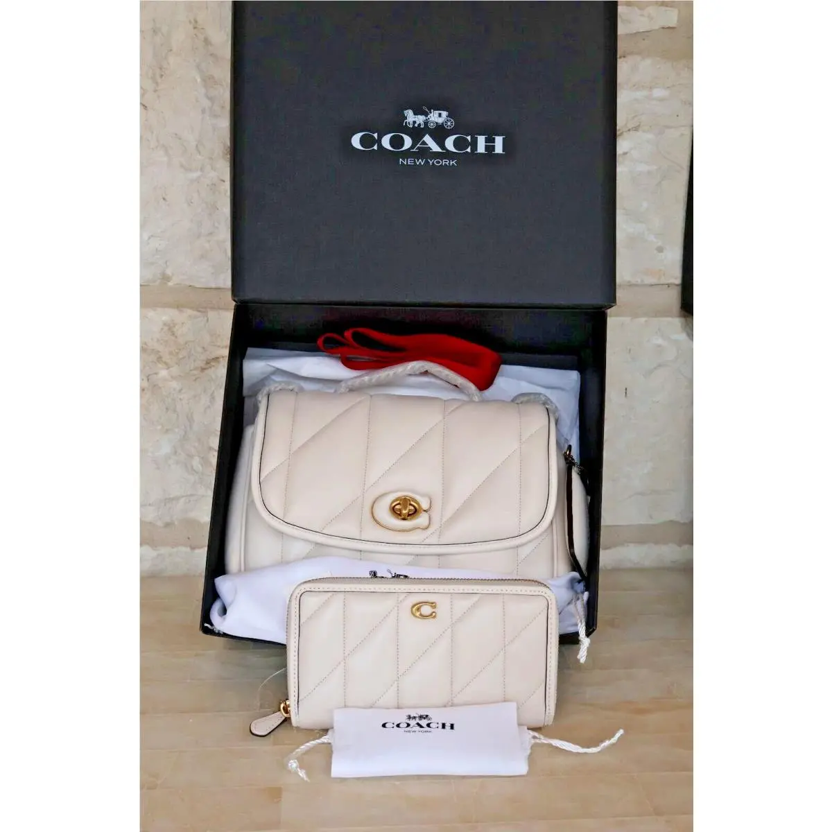 Coach  bag  - COACH Madison Pillow Top C8560 (Largest size in this bag Medium) - Handle/Strap: Brass with Woven Leather Chain Shoulder/crossbody/handbag, Hardware: Brass, Exterior: Chalk