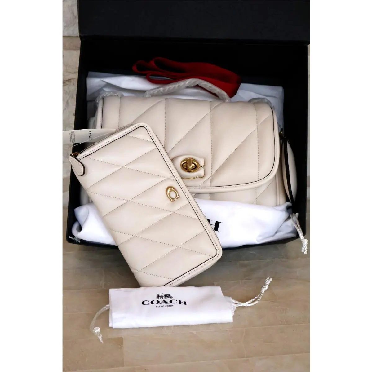 Coach  bag  - COACH Madison Pillow Top C8560 (Largest size in this bag Medium) - Handle/Strap: Brass with Woven Leather Chain Shoulder/crossbody/handbag, Hardware: Brass, Exterior: Chalk