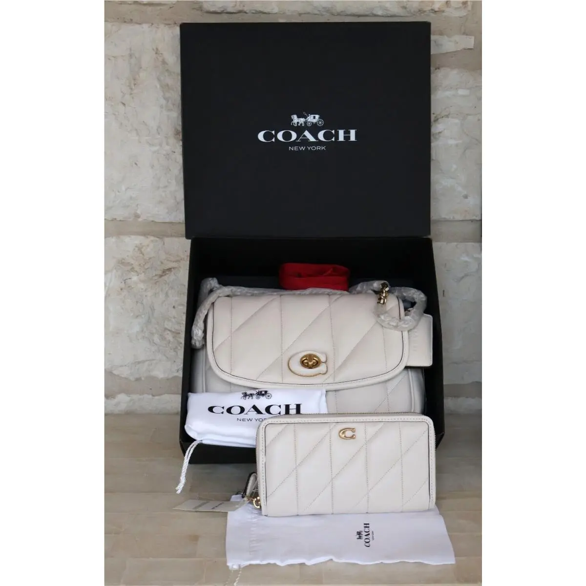 Coach  bag  - COACH Madison Pillow Top C8560 (Largest size in this bag Medium) - Handle/Strap: Brass with Woven Leather Chain Shoulder/crossbody/handbag, Hardware: Brass, Exterior: Chalk